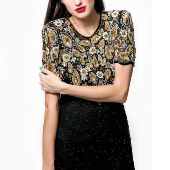 Vtg 80’s Lawrence Kazar Sequins Cocktail Dress - Picture 3 of 16